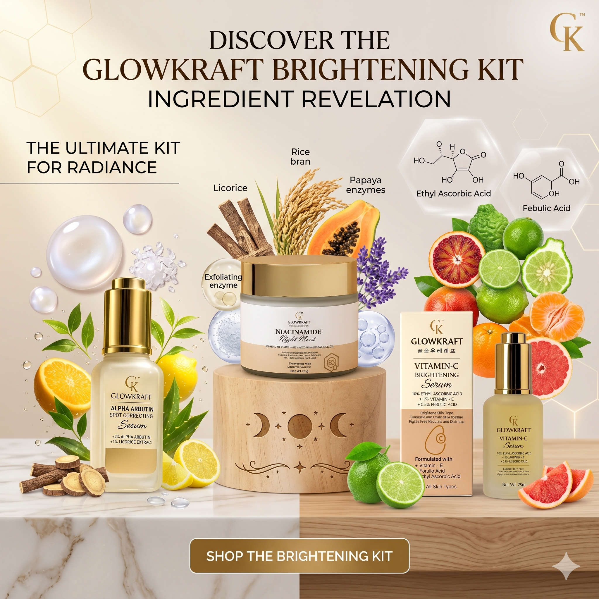 Brightening Kit  Alpha Arbutin Serum + Vitamin C Cream + Overnight Peel Mask