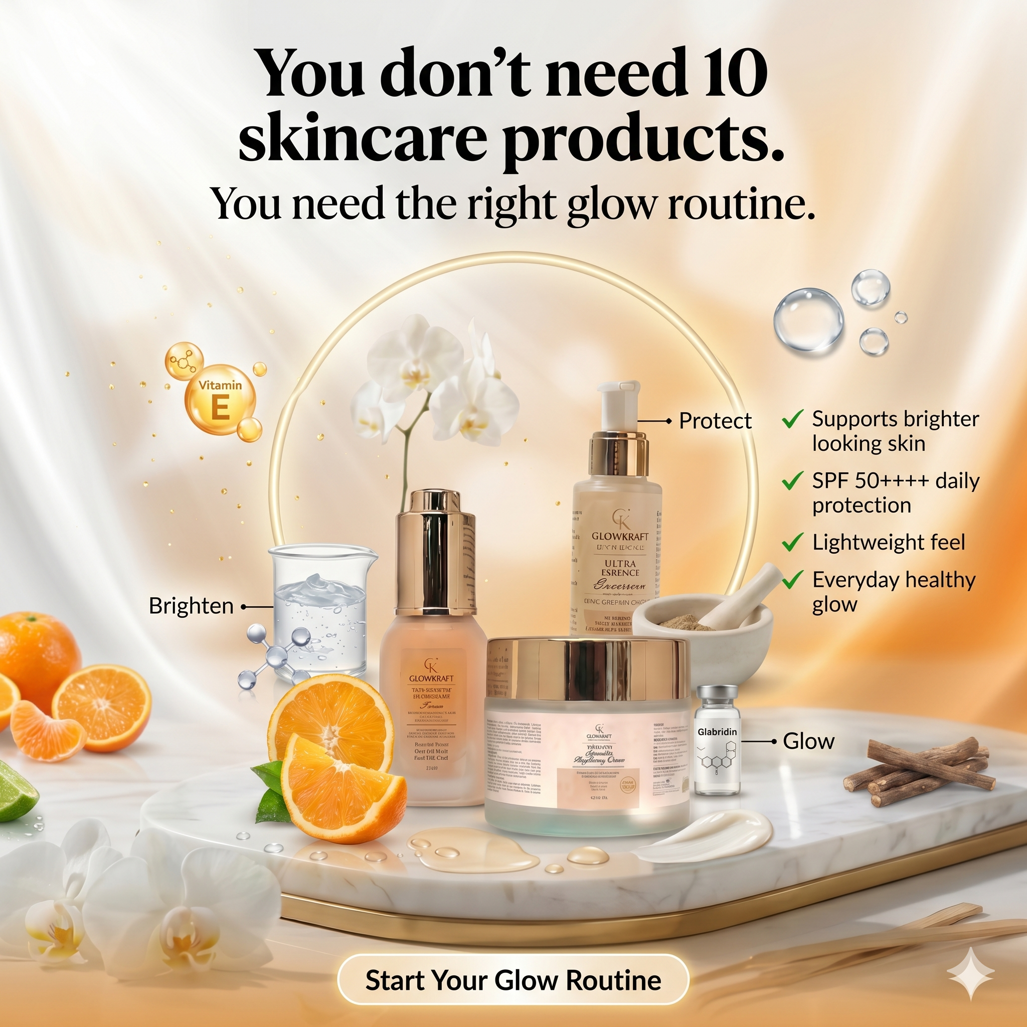 Glowkraft Daily Glow Kit – Vitamin C Serum (25ml) + Sunscreen SPF 50++++ (100g) + Brightening Cream (100g)