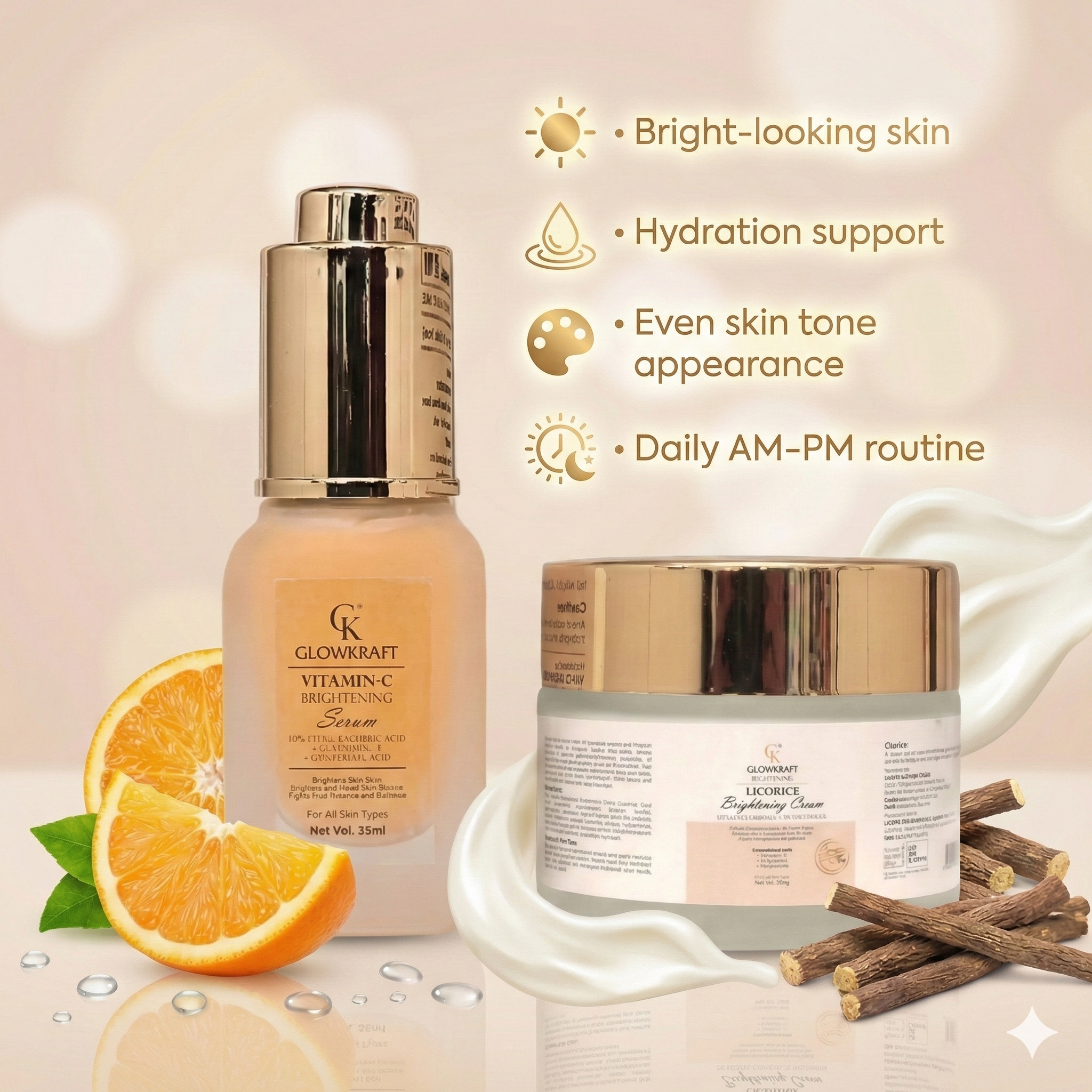Glowkraft Brightening Duo l Vitamin C Serum 25 ml+ Licorice Cream 100 gm| Brighter Mornings. Clearer Evenings. 24/7 Glow