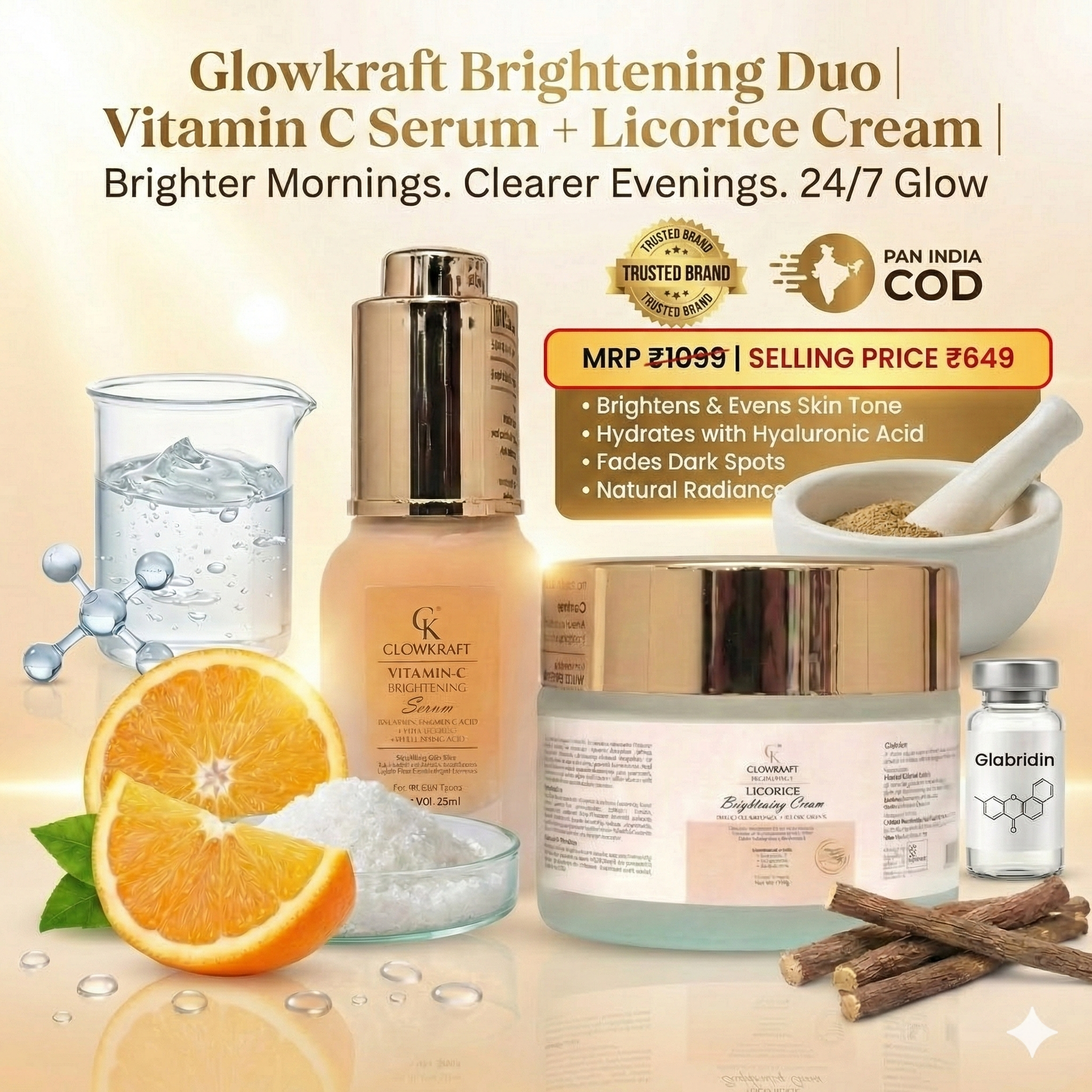 Glowkraft Brightening Duo l Vitamin C Serum 25 ml+ Licorice Cream 100 gm| Brighter Mornings. Clearer Evenings. 24/7 Glow