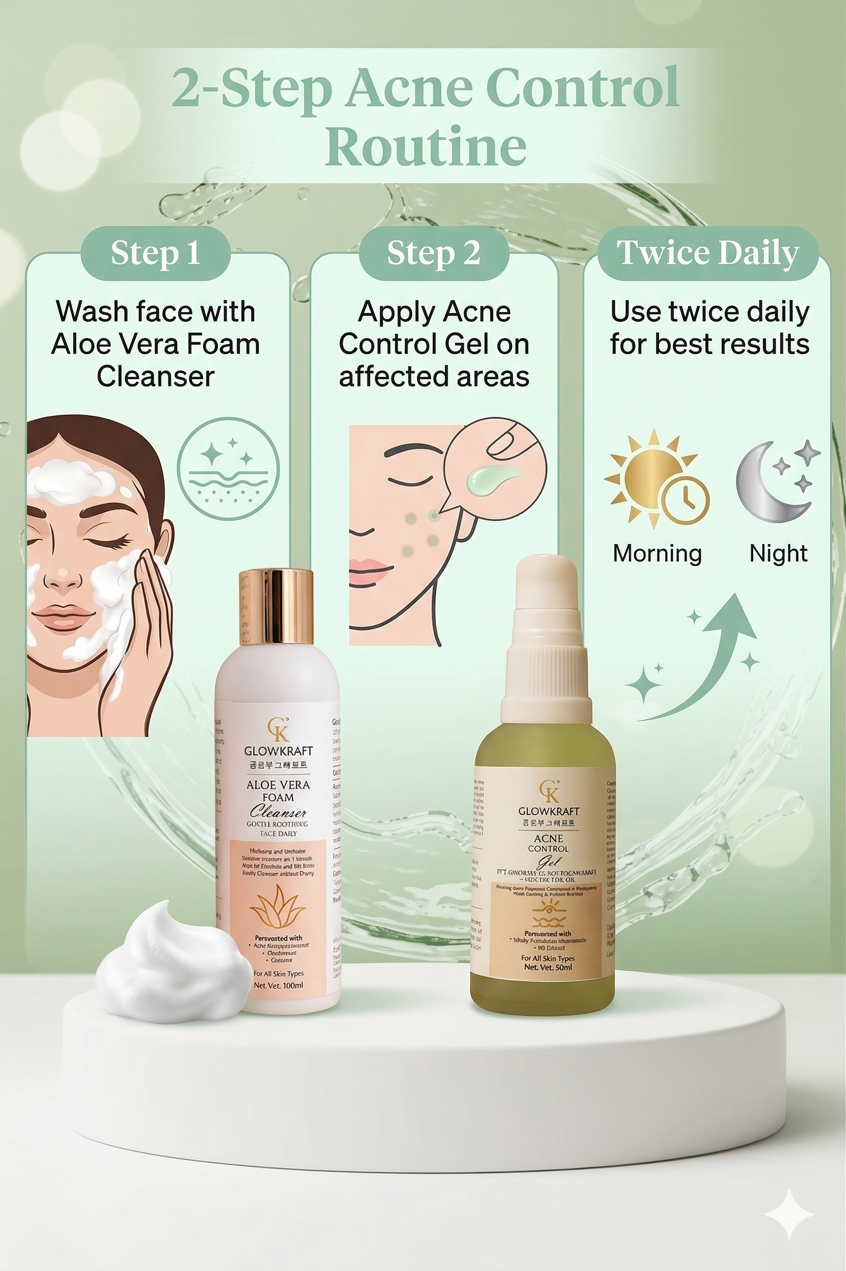 GlowKraft Acne Control Duo | Acne Control Gel 30 ml + Aloe Vera Cleanser for Oily & Acne-Prone Skin 100 ml