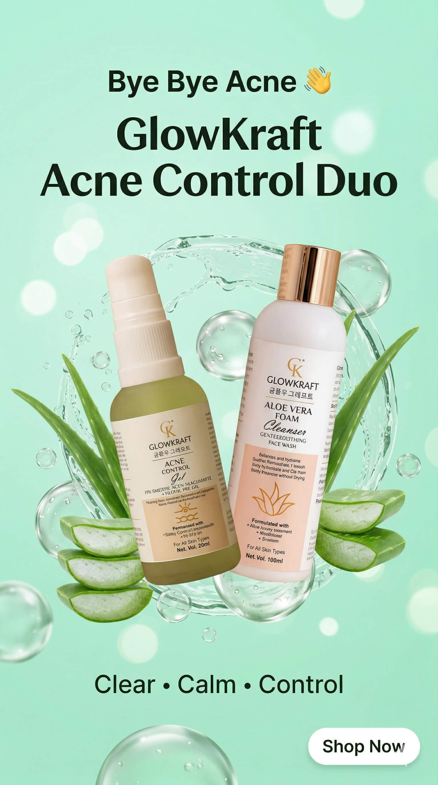 GlowKraft Acne Control Duo | Acne Control Gel 30 ml + Aloe Vera Cleanser for Oily & Acne-Prone Skin 100 ml