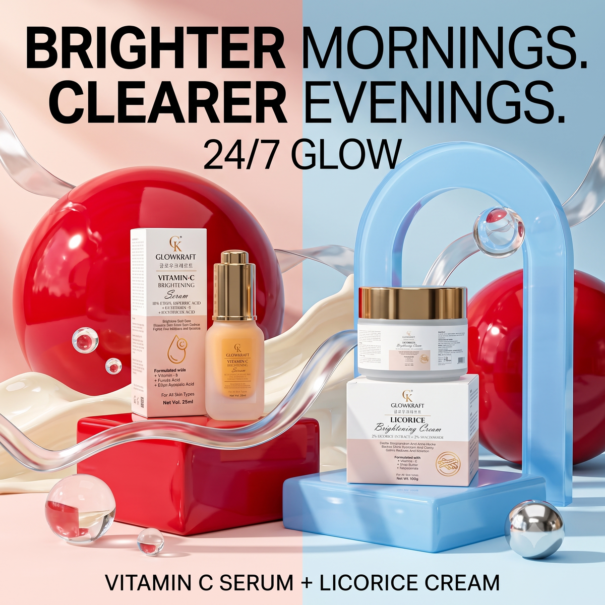 Glowkraft Brightening Duo l Vitamin C Serum 25 ml+ Licorice Cream 100 gm| Brighter Mornings. Clearer Evenings. 24/7 Glow