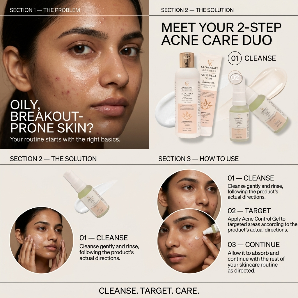 GlowKraft Acne Control Duo | Acne Control Gel 30 ml + Aloe Vera Cleanser for Oily & Acne-Prone Skin 100 ml