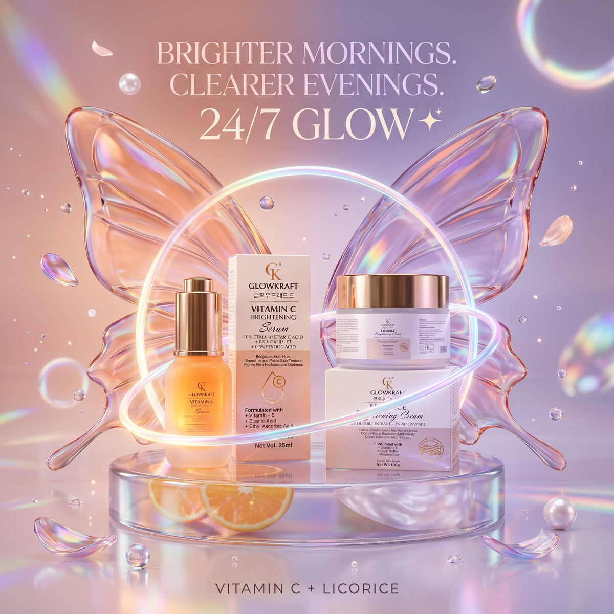 Glowkraft Brightening Duo l Vitamin C Serum 25 ml+ Licorice Cream 100 gm| Brighter Mornings. Clearer Evenings. 24/7 Glow