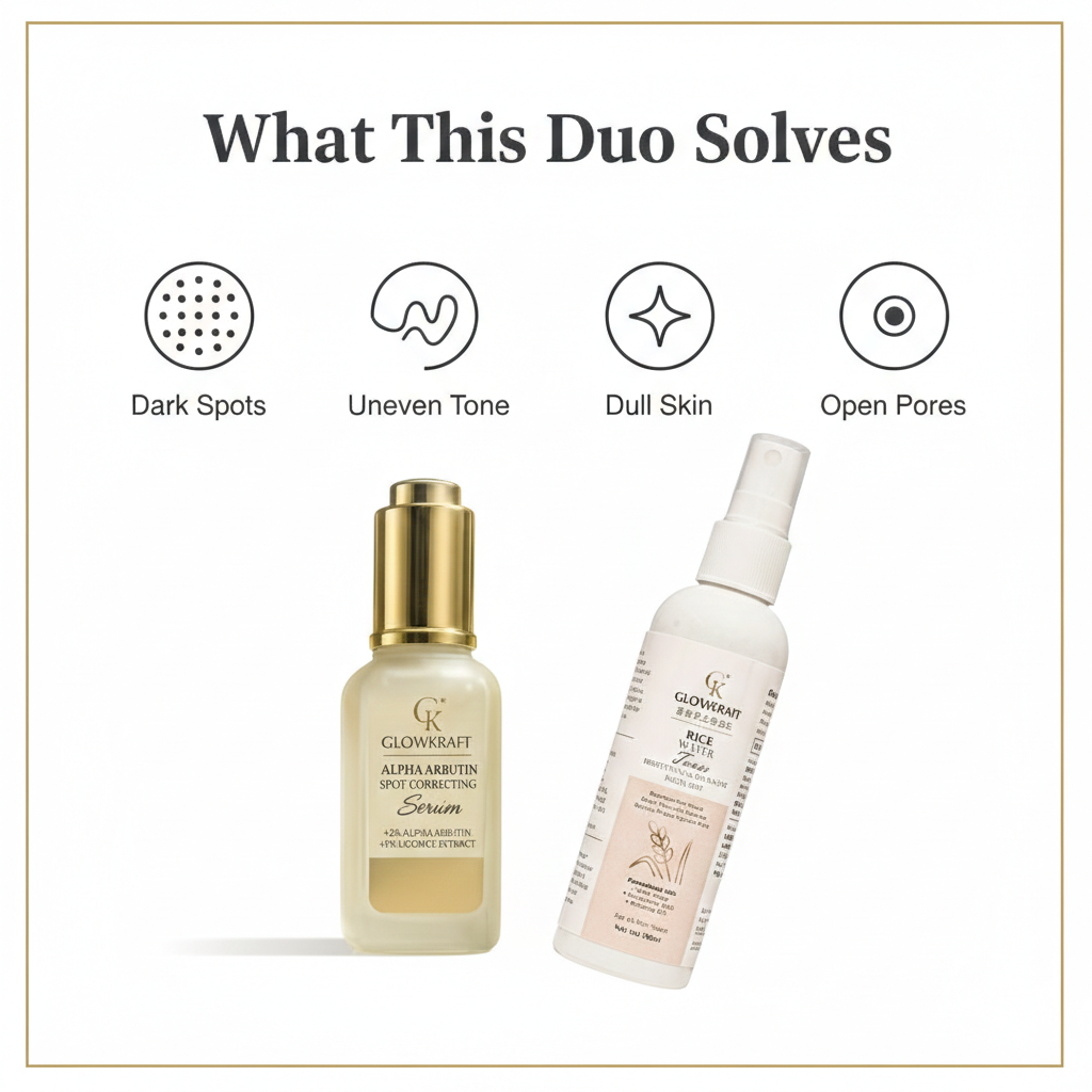 GlowKraft Brightening Duo | Alpha Arbutin Serum 25ml + Rice Water Toner for Even & Radiant Skin 100ml