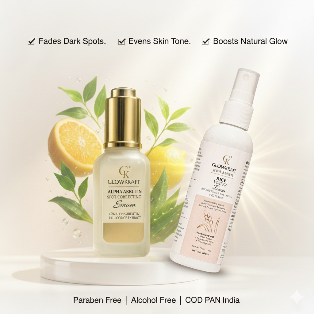 GlowKraft Brightening Duo | Alpha Arbutin Serum 25ml + Rice Water Toner for Even & Radiant Skin 100ml