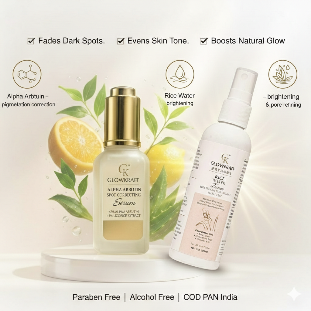 GlowKraft Brightening Duo | Alpha Arbutin Serum 25ml + Rice Water Toner for Even & Radiant Skin 100ml