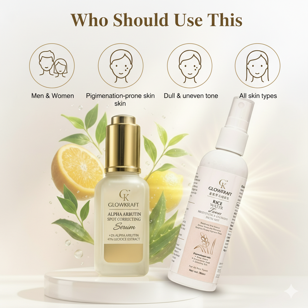 GlowKraft Brightening Duo | Alpha Arbutin Serum 25ml + Rice Water Toner for Even & Radiant Skin 100ml