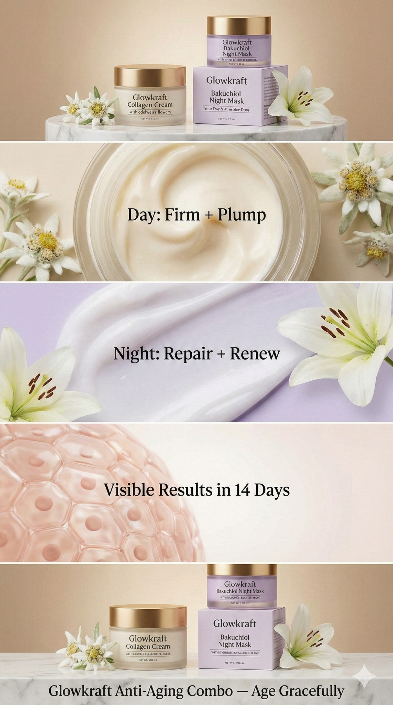 Glowkraft Anti-Aging Duo - Firmer, Smoother, Youthful Skin 24/7 l collagen cream 100g +  Bakuchiol Night Mask (Night) 50g