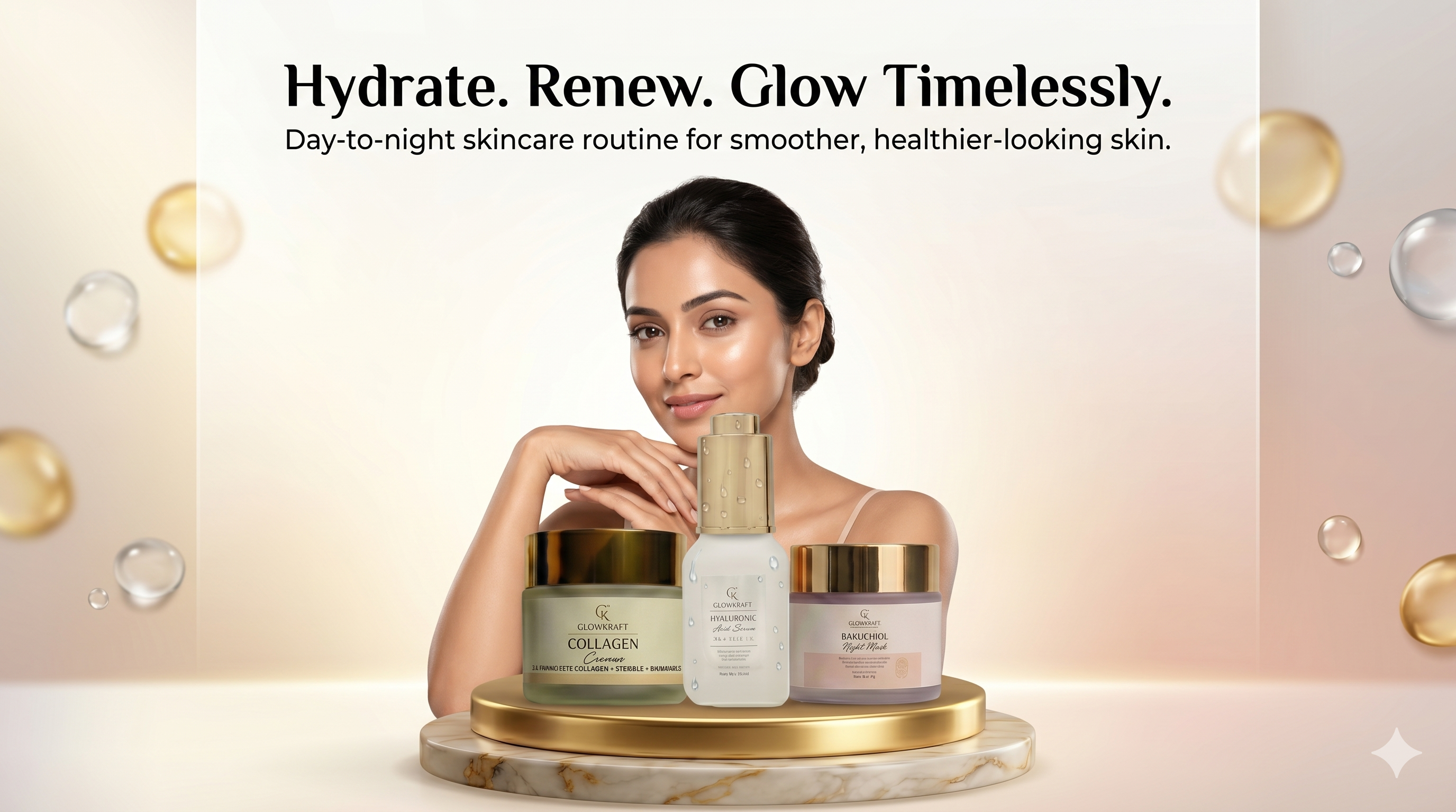 Glowkraft Anti-Aging Kit – Hyaluronic Acid Serum (25ml) + Collagen Day Cream (100g) + Bakuchiol Night Mask (50g)