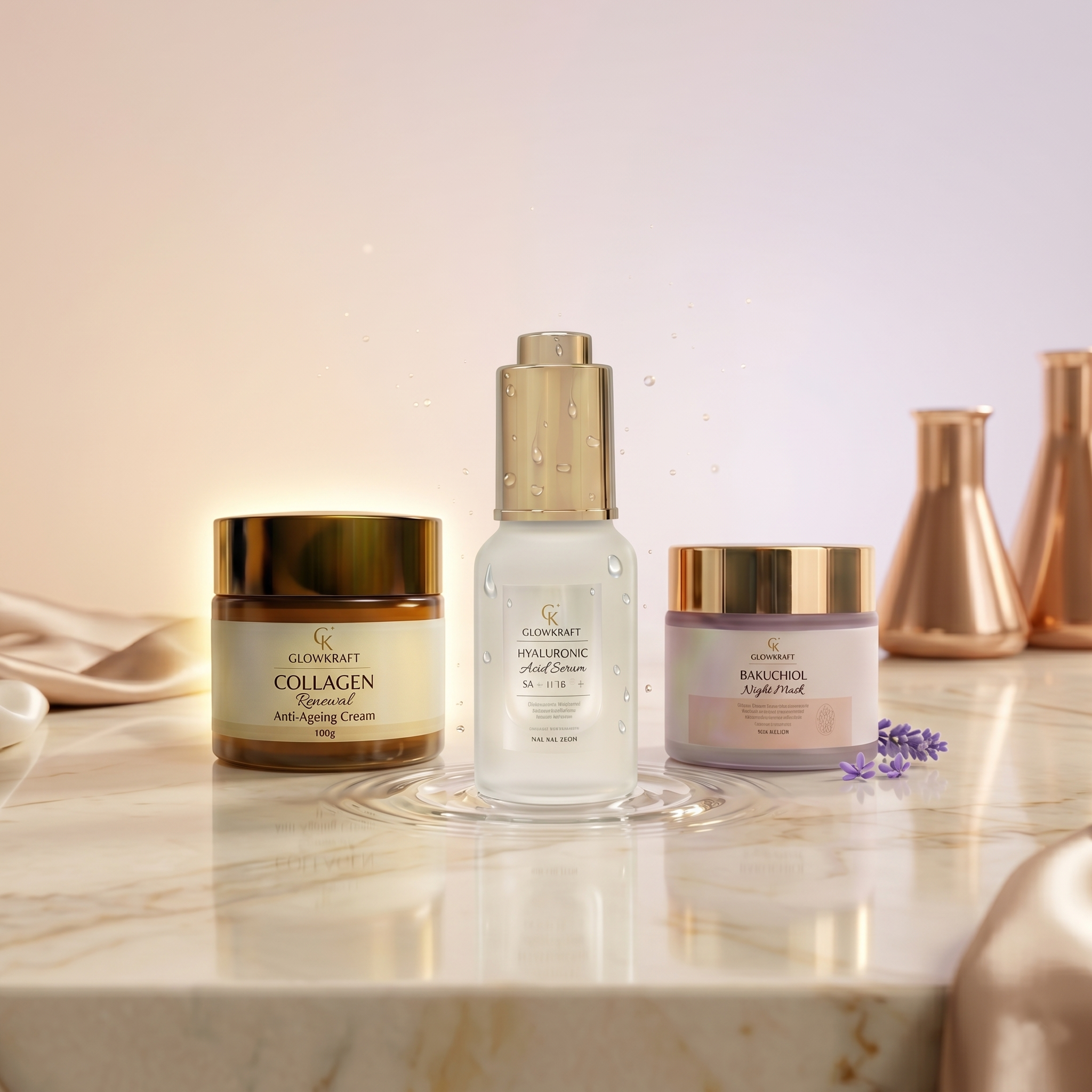 Glowkraft Anti-Aging Kit – Hyaluronic Acid Serum (25ml) + Collagen Day Cream (100g) + Bakuchiol Night Mask (50g)