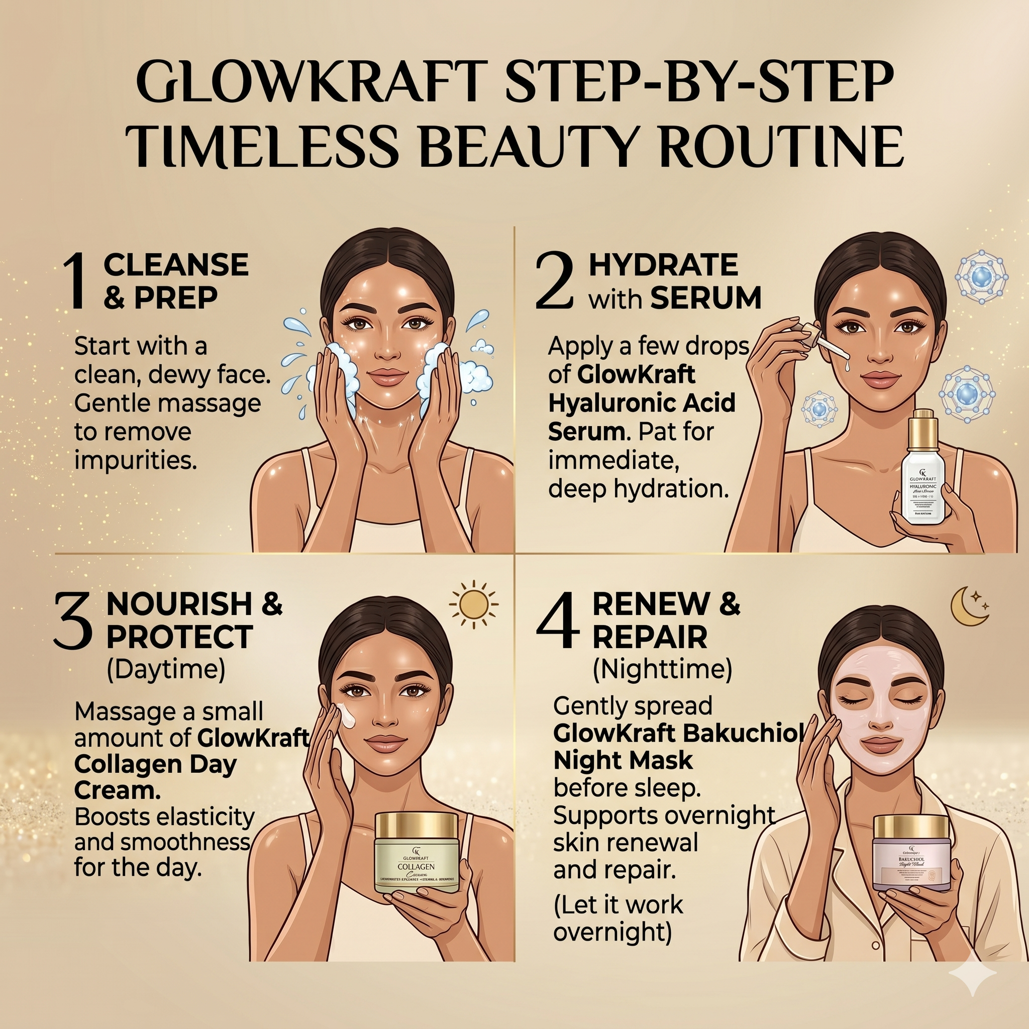Glowkraft Anti-Aging Kit – Hyaluronic Acid Serum (25ml) + Collagen Day Cream (100g) + Bakuchiol Night Mask (50g)