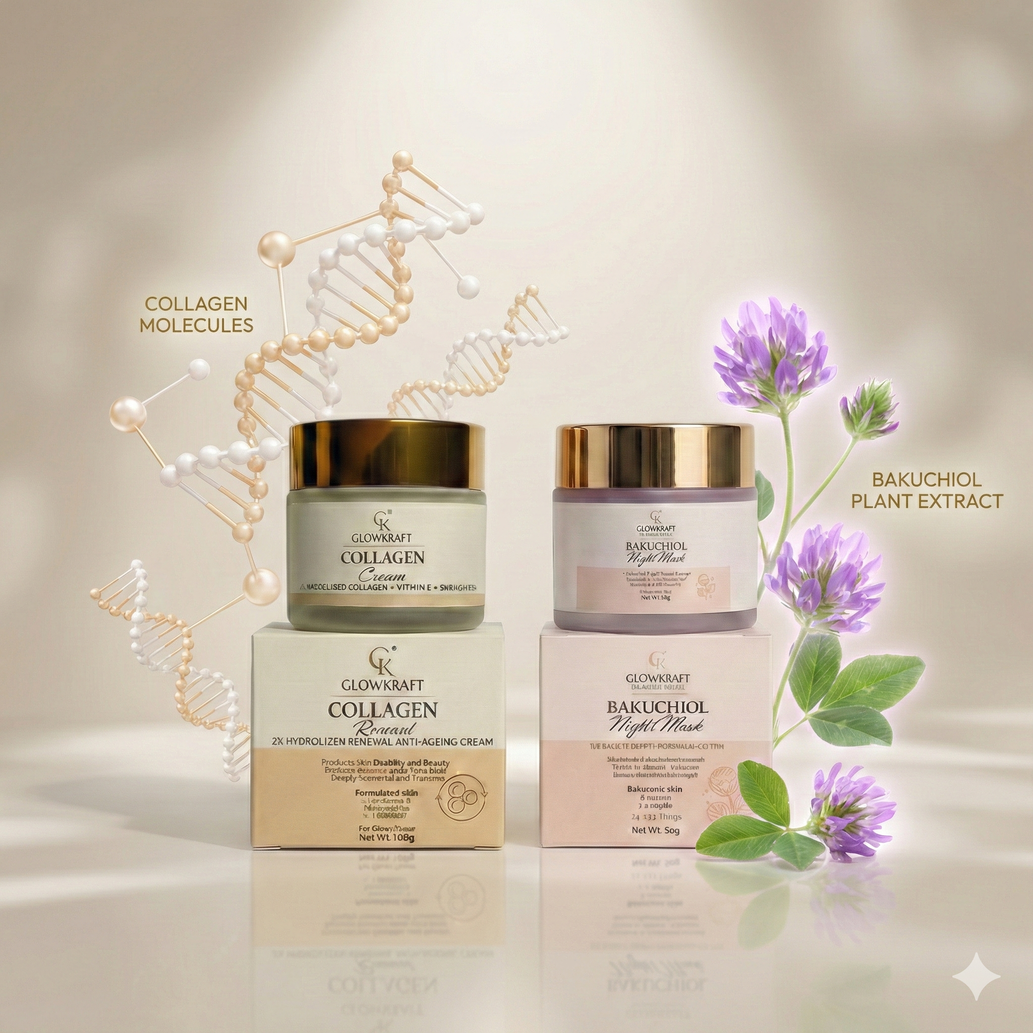 Glowkraft Anti-Aging Duo - Firmer, Smoother, Youthful Skin 24/7 l collagen cream 100g +  Bakuchiol Night Mask (Night) 50g