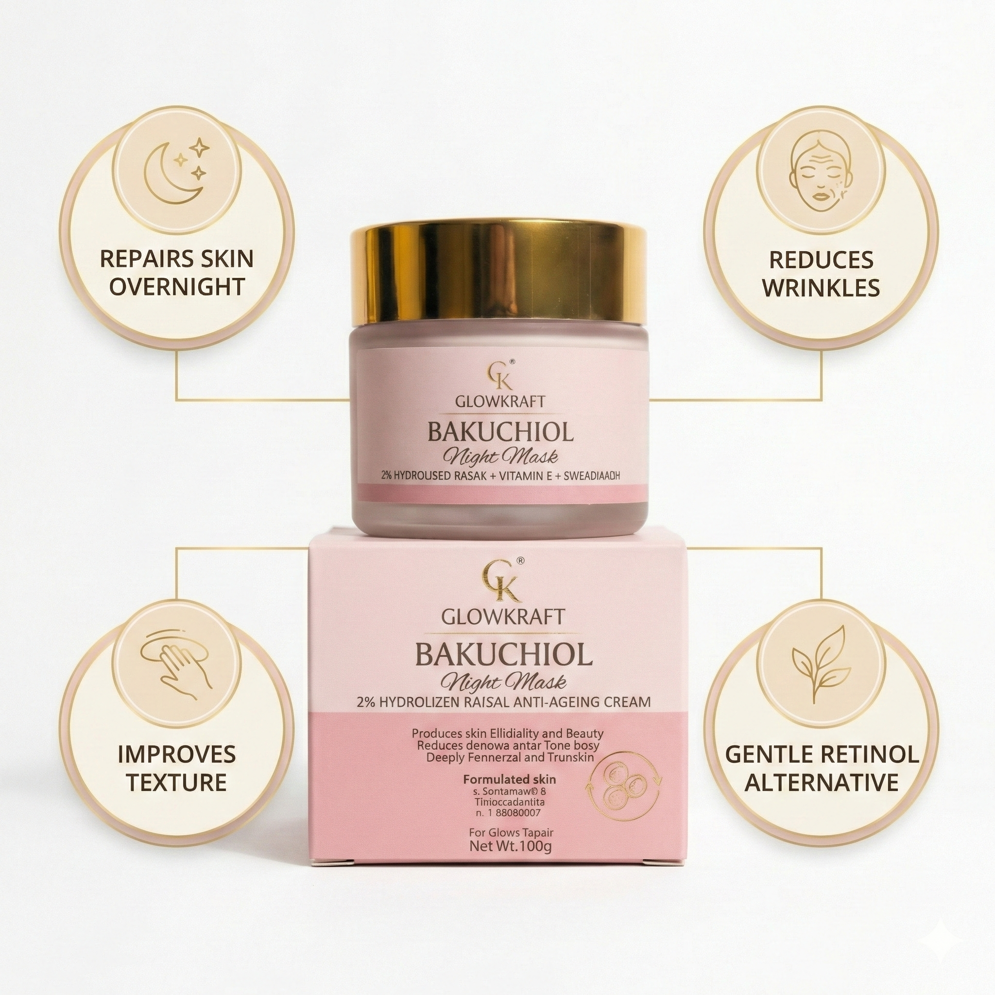 Glowkraft Anti-Aging Duo - Firmer, Smoother, Youthful Skin 24/7 l collagen cream 100g +  Bakuchiol Night Mask (Night) 50g