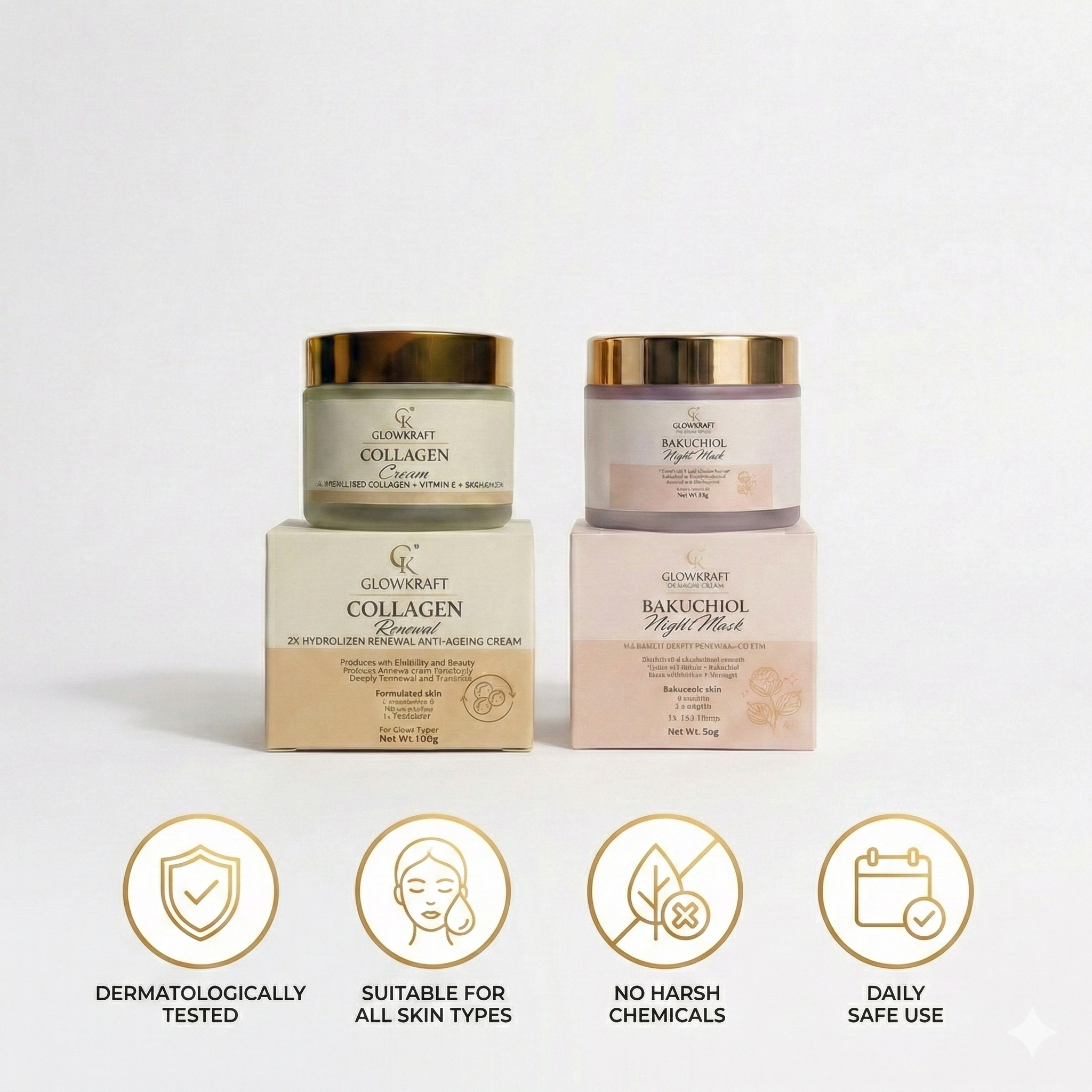 Glowkraft Anti-Aging Duo - Firmer, Smoother, Youthful Skin 24/7 l collagen cream 100g +  Bakuchiol Night Mask (Night) 50g