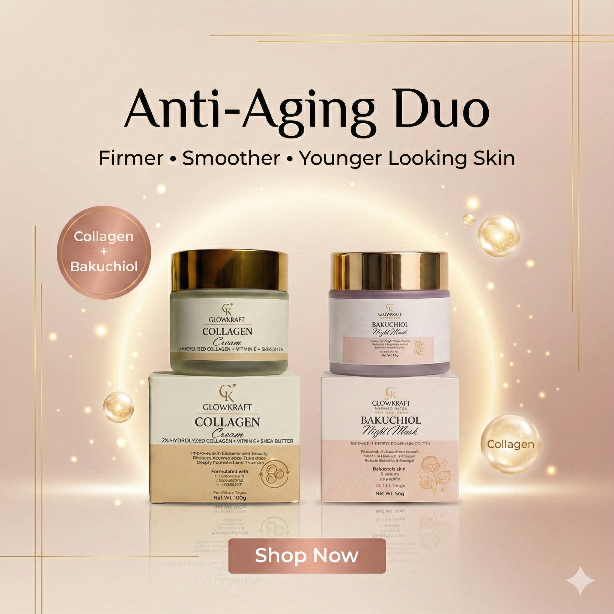 Glowkraft Anti-Aging Duo - Firmer, Smoother, Youthful Skin 24/7 l collagen cream 100g +  Bakuchiol Night Mask (Night) 50g