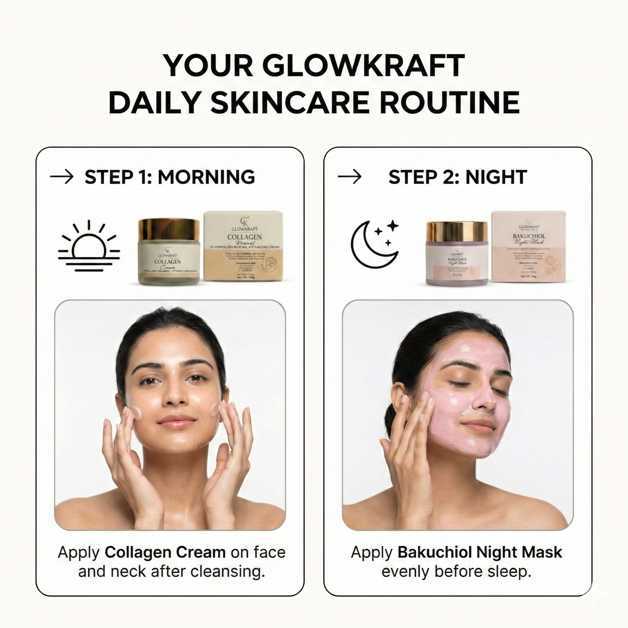 Glowkraft Anti-Aging Duo - Firmer, Smoother, Youthful Skin 24/7 l collagen cream 100g +  Bakuchiol Night Mask (Night) 50g